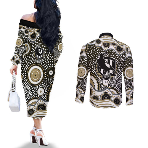 Collingwood Magpies Couples Matching Off The Shoulder Long Sleeve Dress and Long Sleeve Button Shirt Aboriginal Dot Pattern - Football Mascot Heritage Pride