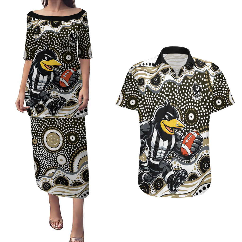Collingwood Magpies Couples Matching Puletasi and Hawaiian Shirt Aboriginal Dot Pattern - Football Mascot Heritage Pride