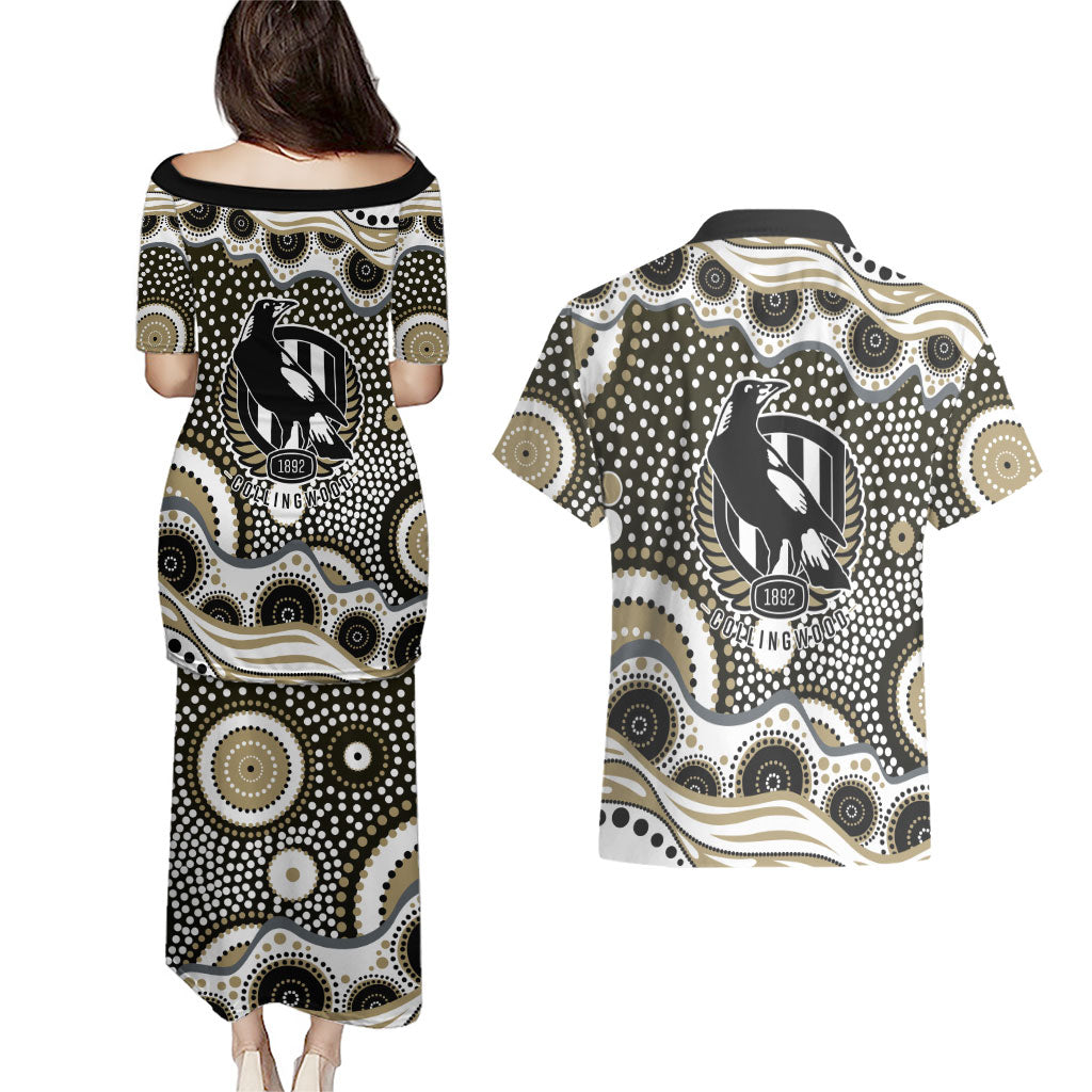 Collingwood Magpies Couples Matching Puletasi and Hawaiian Shirt Aboriginal Dot Pattern - Football Mascot Heritage Pride