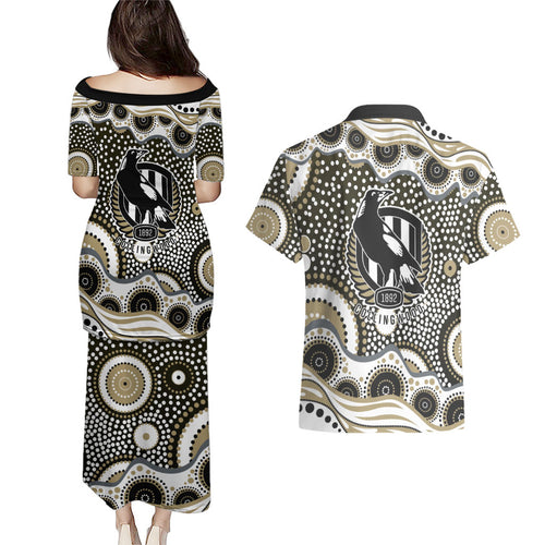 Collingwood Magpies Couples Matching Puletasi and Hawaiian Shirt Aboriginal Dot Pattern - Football Mascot Heritage Pride