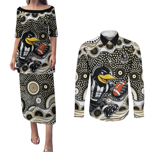 Collingwood Magpies Couples Matching Puletasi and Long Sleeve Button Shirt Aboriginal Dot Pattern - Football Mascot Heritage Pride