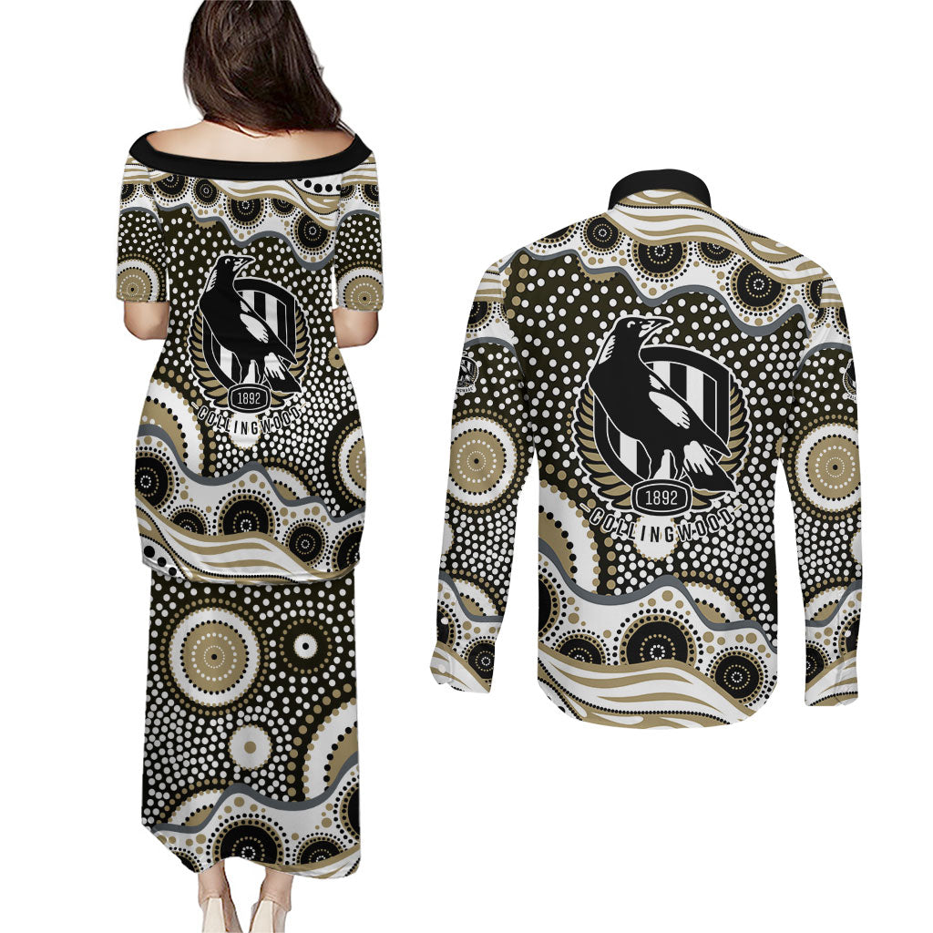 Collingwood Magpies Couples Matching Puletasi and Long Sleeve Button Shirt Aboriginal Dot Pattern - Football Mascot Heritage Pride
