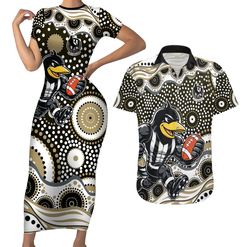 Collingwood Magpies Couples Matching Short Sleeve Bodycon Dress and Hawaiian Shirt Aboriginal Dot Pattern - Football Mascot Heritage Pride