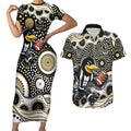 Collingwood Magpies Couples Matching Short Sleeve Bodycon Dress and Hawaiian Shirt Aboriginal Dot Pattern - Football Mascot Heritage Pride