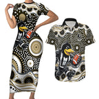 Collingwood Magpies Couples Matching Short Sleeve Bodycon Dress and Hawaiian Shirt Aboriginal Dot Pattern - Football Mascot Heritage Pride