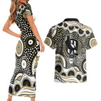 Collingwood Magpies Couples Matching Short Sleeve Bodycon Dress and Hawaiian Shirt Aboriginal Dot Pattern - Football Mascot Heritage Pride