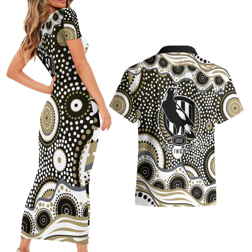 Collingwood Magpies Couples Matching Short Sleeve Bodycon Dress and Hawaiian Shirt Aboriginal Dot Pattern - Football Mascot Heritage Pride