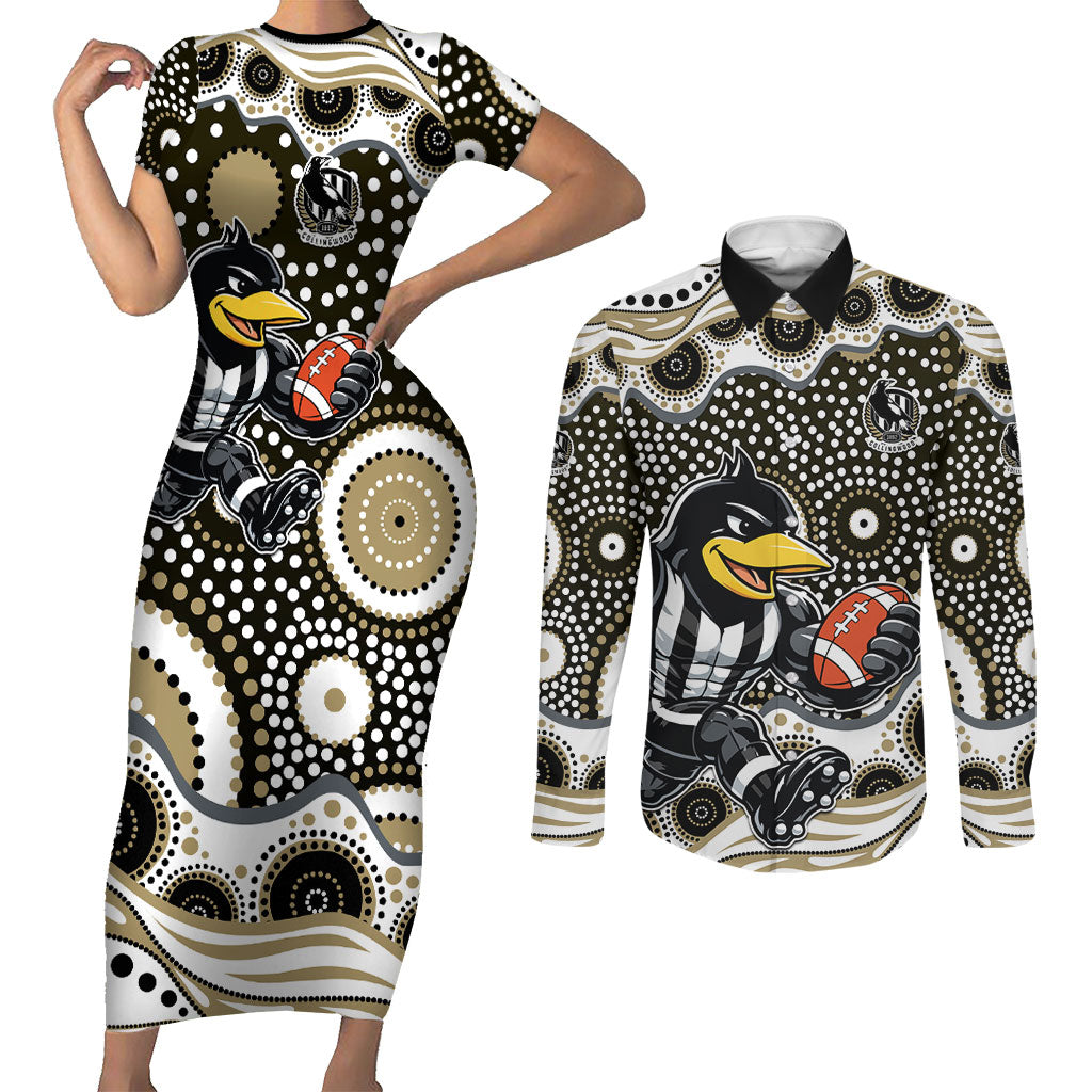 Collingwood Magpies Couples Matching Short Sleeve Bodycon Dress and Long Sleeve Button Shirt Aboriginal Dot Pattern - Football Mascot Heritage Pride