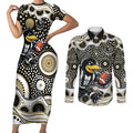 Collingwood Magpies Couples Matching Short Sleeve Bodycon Dress and Long Sleeve Button Shirt Aboriginal Dot Pattern - Football Mascot Heritage Pride