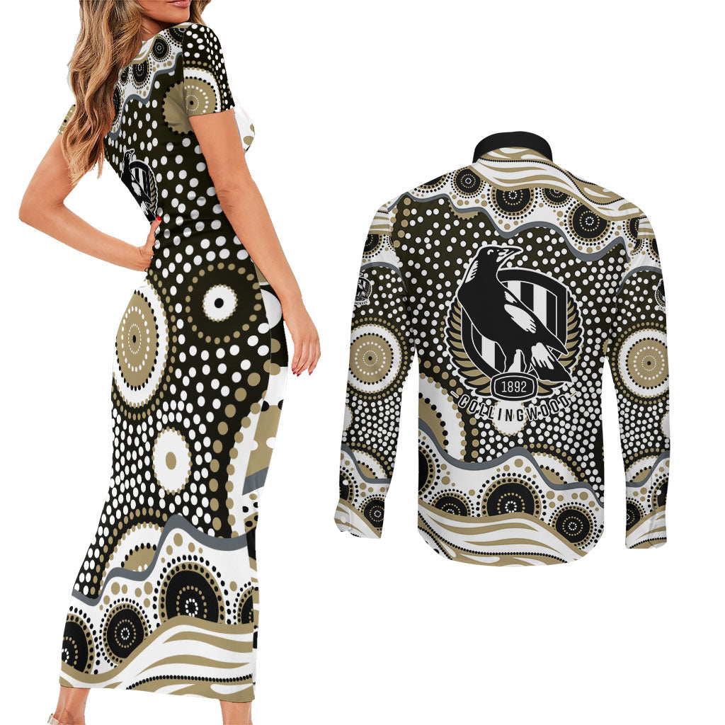 Collingwood Magpies Couples Matching Short Sleeve Bodycon Dress and Long Sleeve Button Shirt Aboriginal Dot Pattern - Football Mascot Heritage Pride