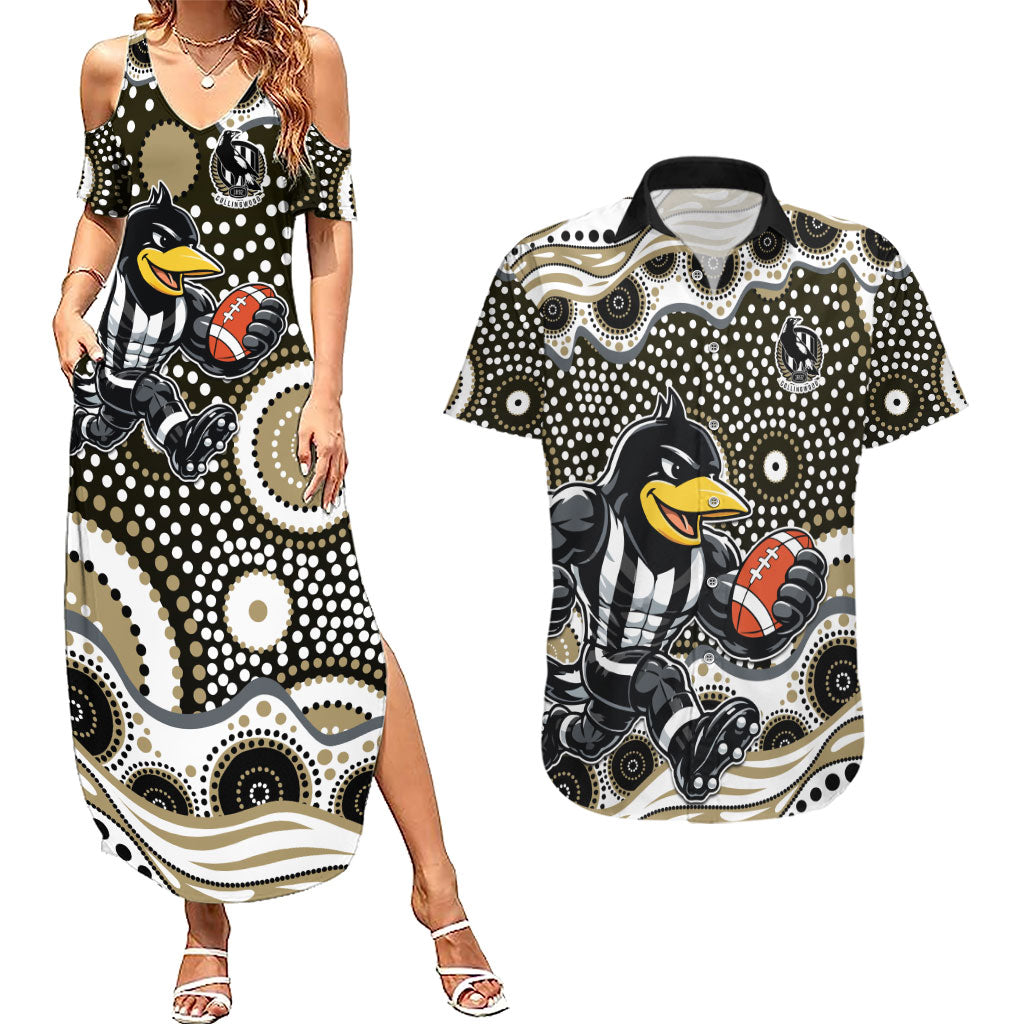 Collingwood Magpies Couples Matching Summer Maxi Dress and Hawaiian Shirt Aboriginal Dot Pattern - Football Mascot Heritage Pride