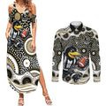Collingwood Magpies Couples Matching Summer Maxi Dress and Long Sleeve Button Shirt Aboriginal Dot Pattern - Football Mascot Heritage Pride