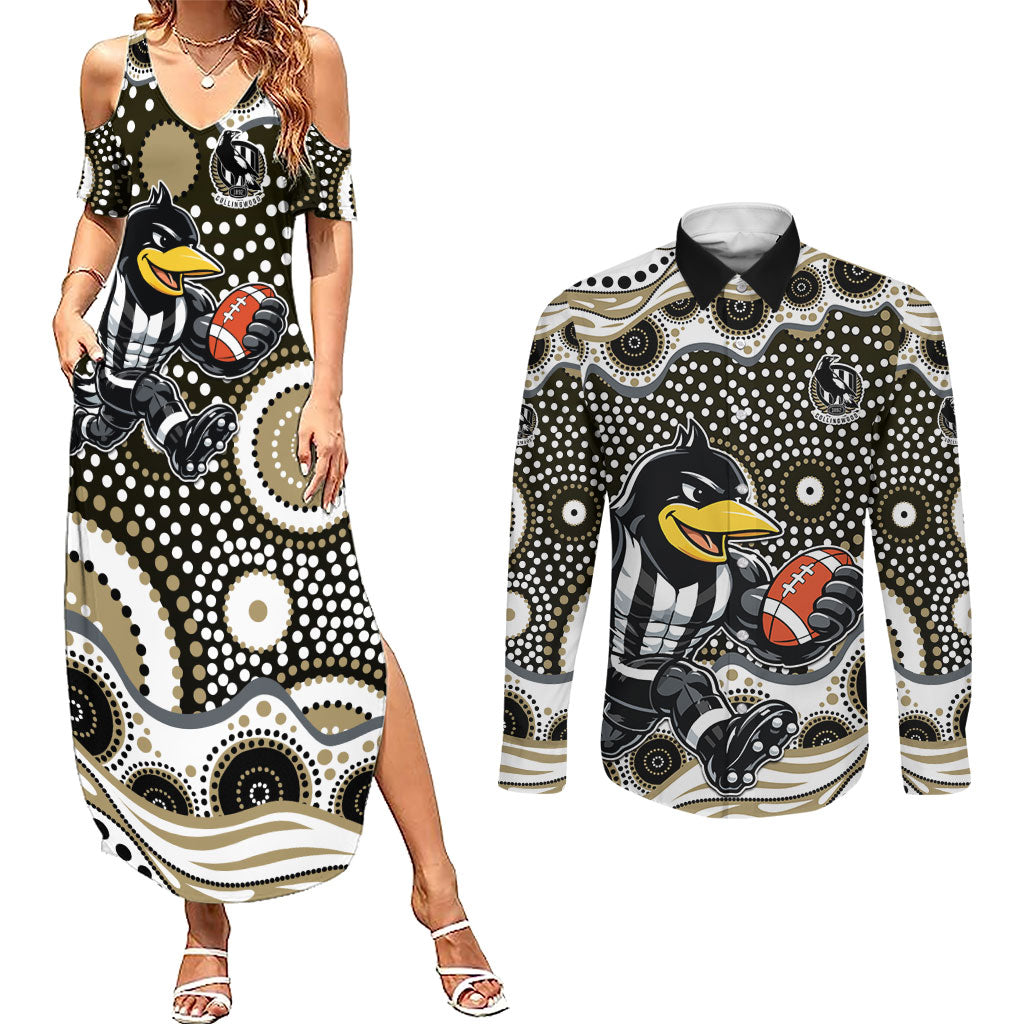Collingwood Magpies Couples Matching Summer Maxi Dress and Long Sleeve Button Shirt Aboriginal Dot Pattern - Football Mascot Heritage Pride