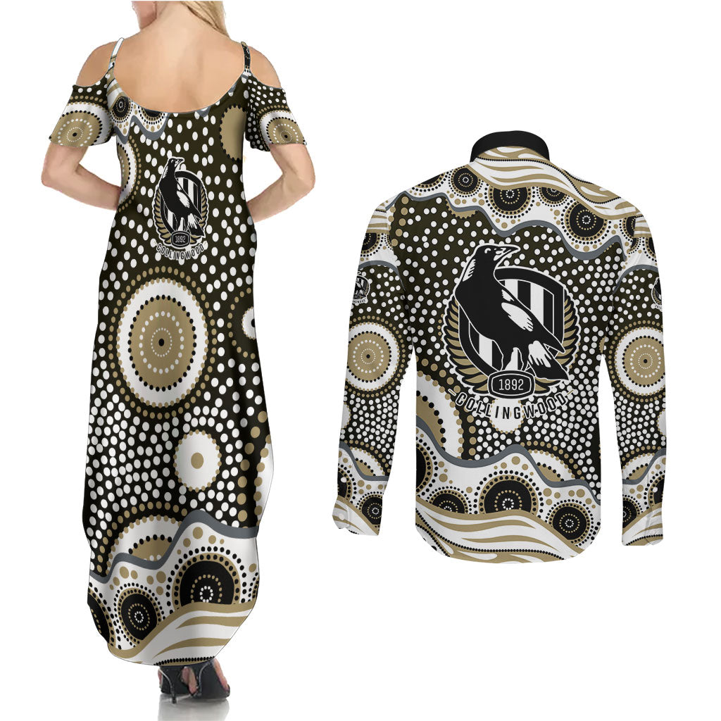 Collingwood Magpies Couples Matching Summer Maxi Dress and Long Sleeve Button Shirt Aboriginal Dot Pattern - Football Mascot Heritage Pride