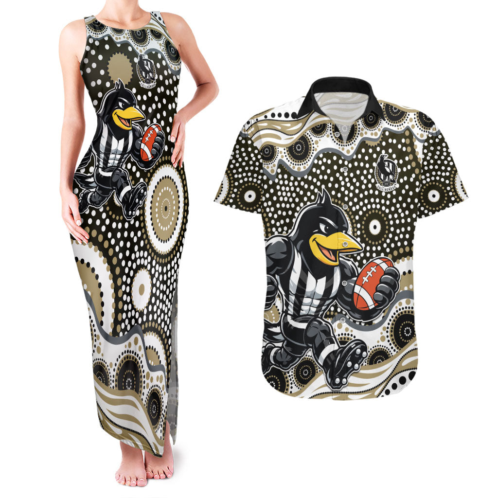 Collingwood Magpies Couples Matching Tank Maxi Dress and Hawaiian Shirt Aboriginal Dot Pattern - Football Mascot Heritage Pride