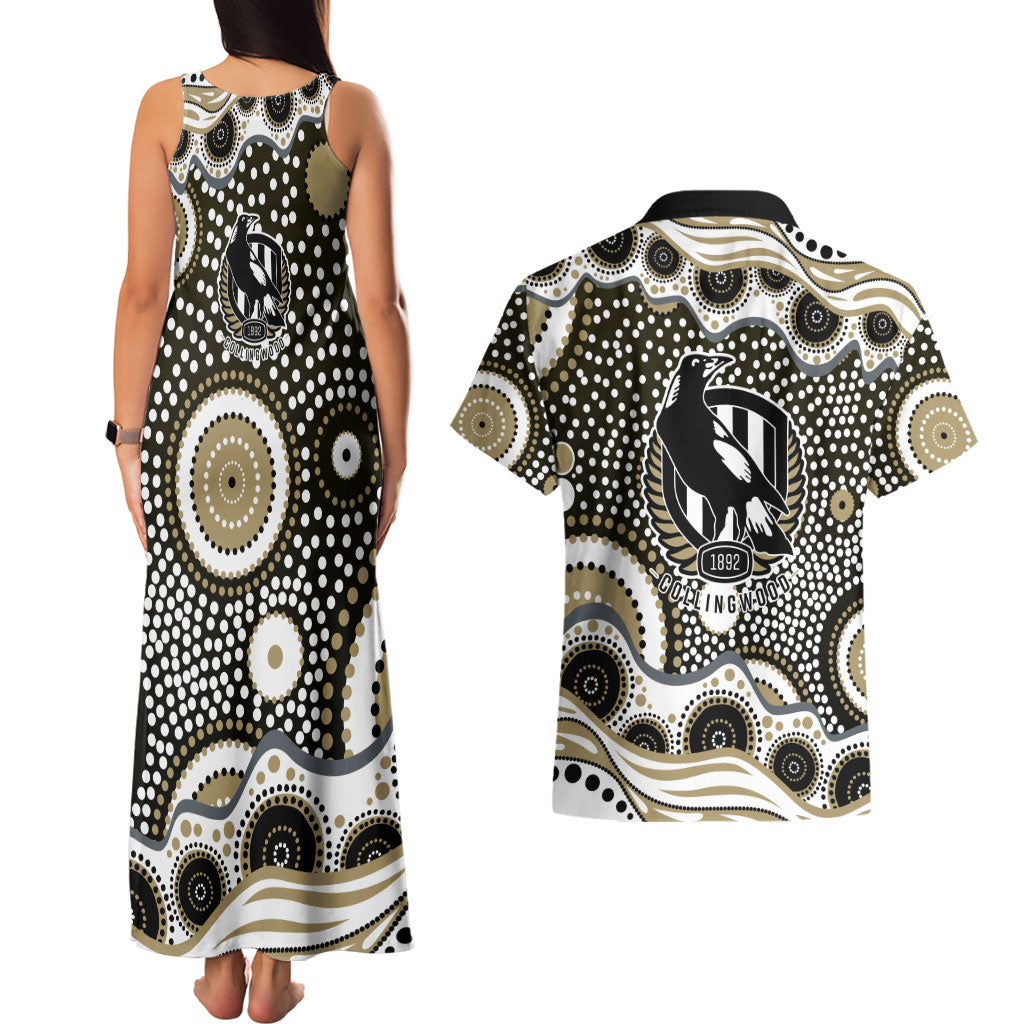 Collingwood Magpies Couples Matching Tank Maxi Dress and Hawaiian Shirt Aboriginal Dot Pattern - Football Mascot Heritage Pride