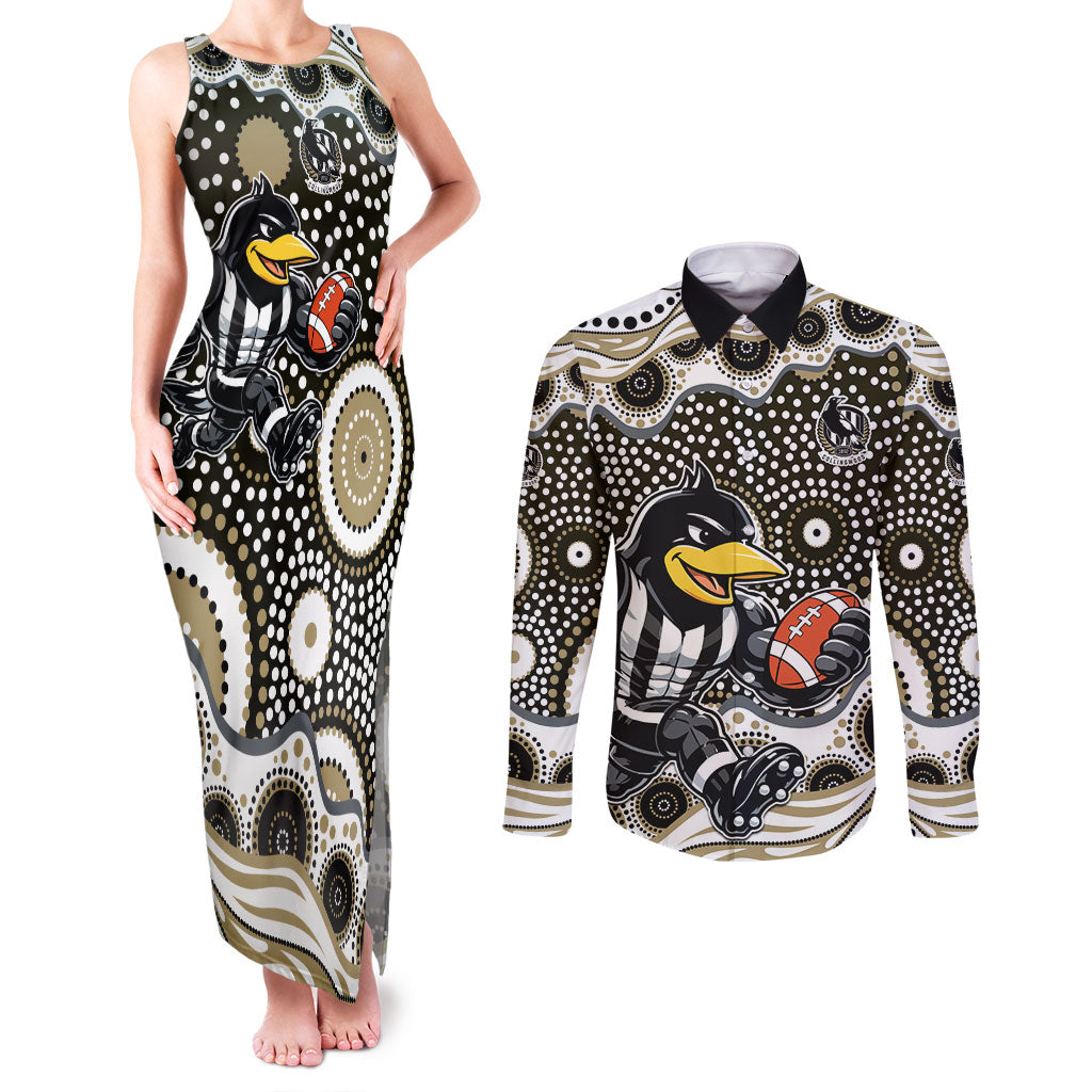 Collingwood Magpies Couples Matching Tank Maxi Dress and Long Sleeve Button Shirt Aboriginal Dot Pattern - Football Mascot Heritage Pride