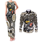 Collingwood Magpies Couples Matching Tank Maxi Dress and Long Sleeve Button Shirt Aboriginal Dot Pattern - Football Mascot Heritage Pride