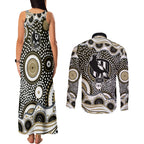 Collingwood Magpies Couples Matching Tank Maxi Dress and Long Sleeve Button Shirt Aboriginal Dot Pattern - Football Mascot Heritage Pride