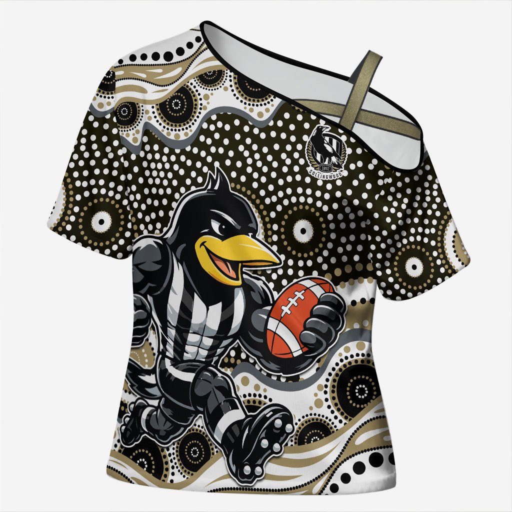 Collingwood Magpies Cross Shoulder Shirt Aboriginal Dot Pattern - Football Mascot Heritage Pride