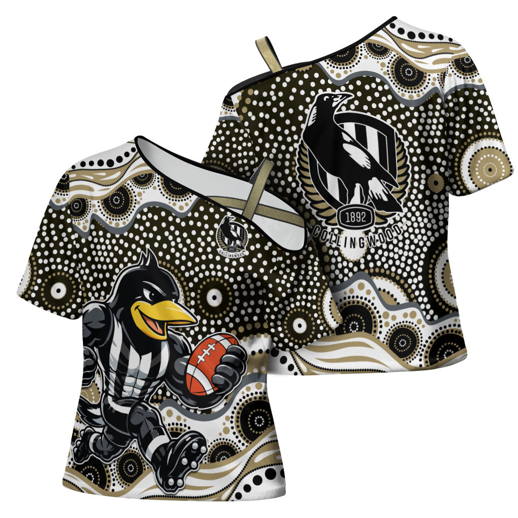 Collingwood Magpies Cross Shoulder Shirt Aboriginal Dot Pattern - Football Mascot Heritage Pride