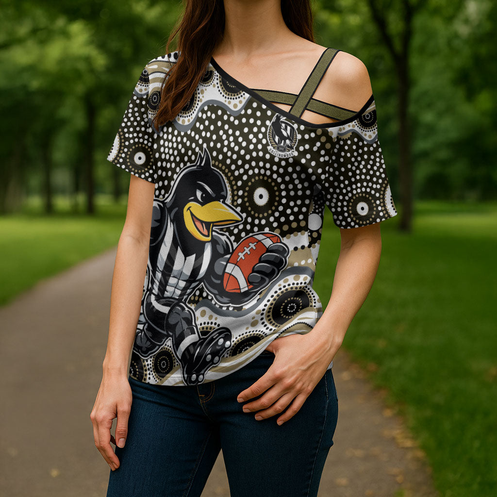 Collingwood Magpies Cross Shoulder Shirt Aboriginal Dot Pattern - Football Mascot Heritage Pride
