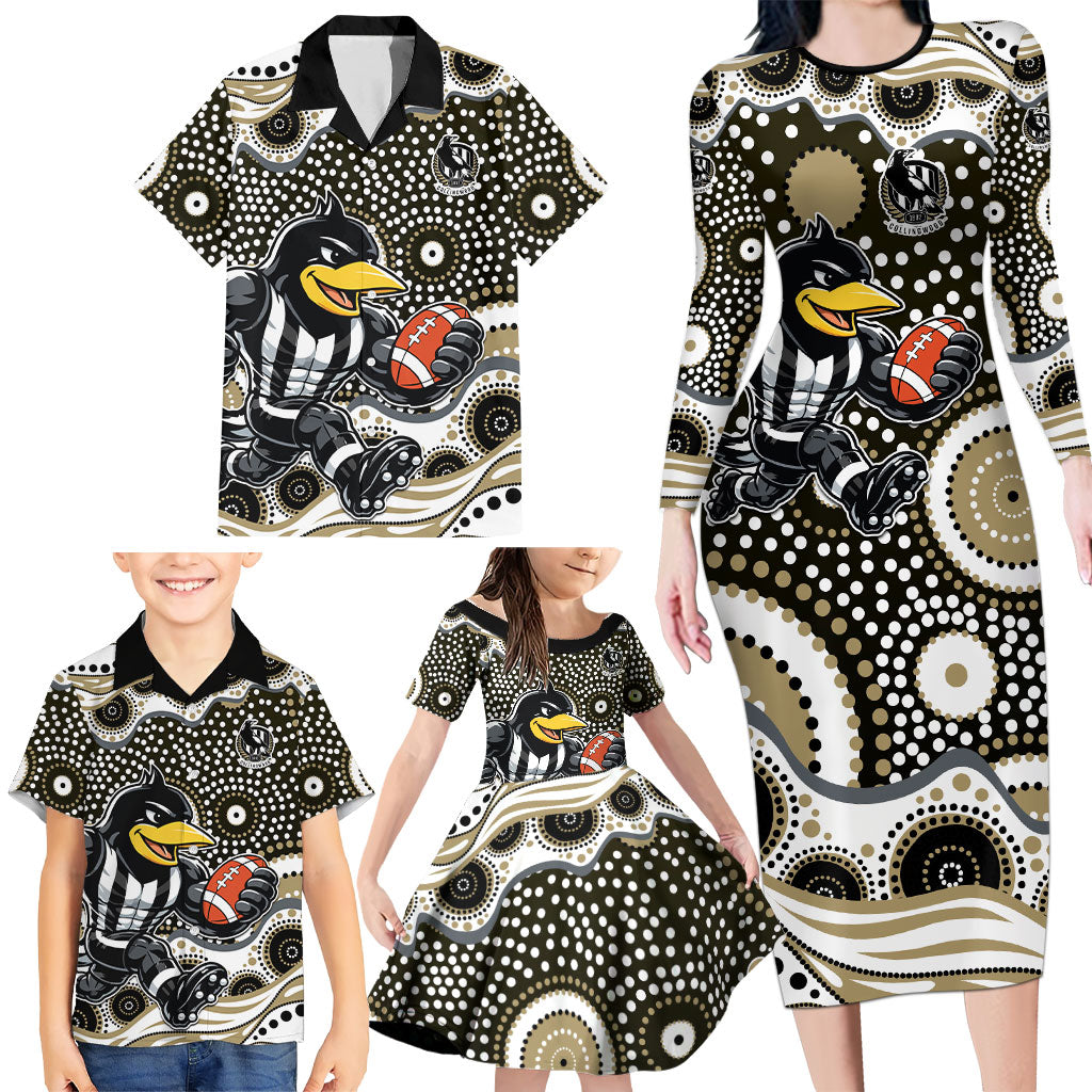 Collingwood Magpies Family Matching Long Sleeve Bodycon Dress and Hawaiian Shirt Aboriginal Dot Pattern - Football Mascot Heritage Pride
