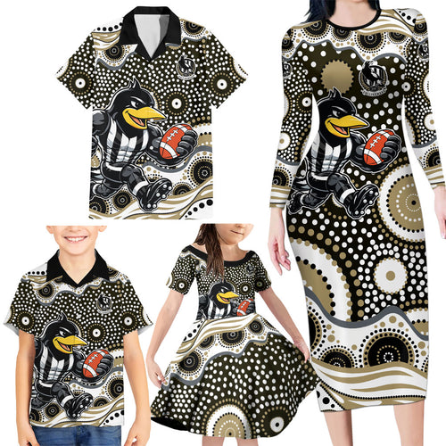 Collingwood Magpies Family Matching Long Sleeve Bodycon Dress and Hawaiian Shirt Aboriginal Dot Pattern - Football Mascot Heritage Pride