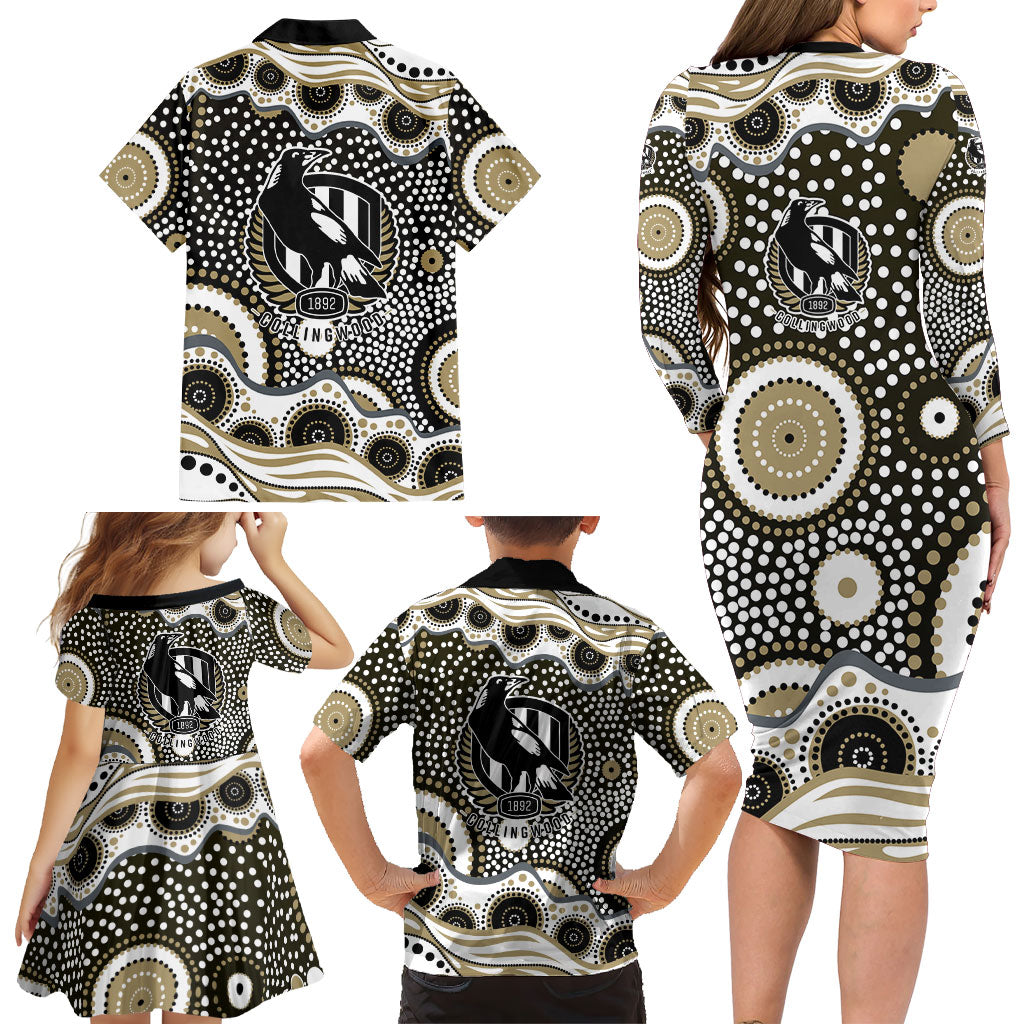 Collingwood Magpies Family Matching Long Sleeve Bodycon Dress and Hawaiian Shirt Aboriginal Dot Pattern - Football Mascot Heritage Pride