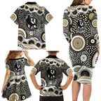 Collingwood Magpies Family Matching Long Sleeve Bodycon Dress and Hawaiian Shirt Aboriginal Dot Pattern - Football Mascot Heritage Pride