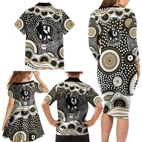 Collingwood Magpies Family Matching Long Sleeve Bodycon Dress and Hawaiian Shirt Aboriginal Dot Pattern - Football Mascot Heritage Pride