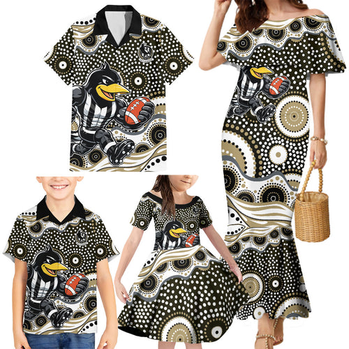 Collingwood Magpies Family Matching Mermaid Dress and Hawaiian Shirt Aboriginal Dot Pattern - Football Mascot Heritage Pride