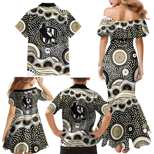 Collingwood Magpies Family Matching Mermaid Dress and Hawaiian Shirt Aboriginal Dot Pattern - Football Mascot Heritage Pride