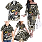 Collingwood Magpies Family Matching Off The Shoulder Long Sleeve Dress and Hawaiian Shirt Aboriginal Dot Pattern - Football Mascot Heritage Pride