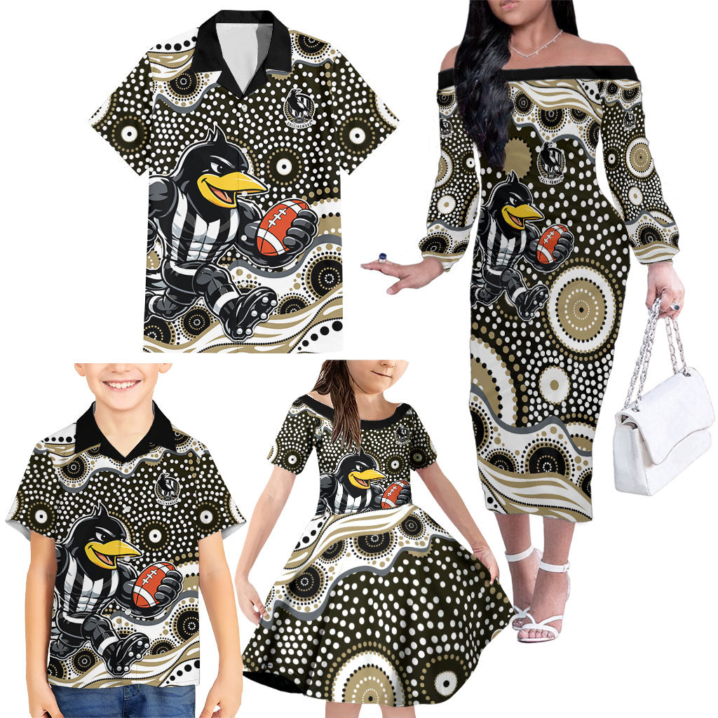 Collingwood Magpies Family Matching Off The Shoulder Long Sleeve Dress and Hawaiian Shirt Aboriginal Dot Pattern - Football Mascot Heritage Pride