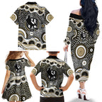 Collingwood Magpies Family Matching Off The Shoulder Long Sleeve Dress and Hawaiian Shirt Aboriginal Dot Pattern - Football Mascot Heritage Pride