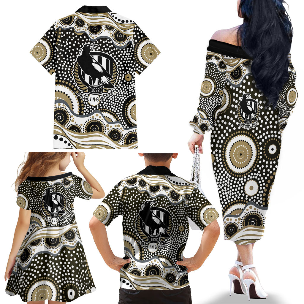 Collingwood Magpies Family Matching Off The Shoulder Long Sleeve Dress and Hawaiian Shirt Aboriginal Dot Pattern - Football Mascot Heritage Pride