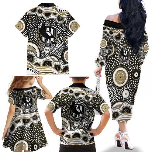 Collingwood Magpies Family Matching Off The Shoulder Long Sleeve Dress and Hawaiian Shirt Aboriginal Dot Pattern - Football Mascot Heritage Pride