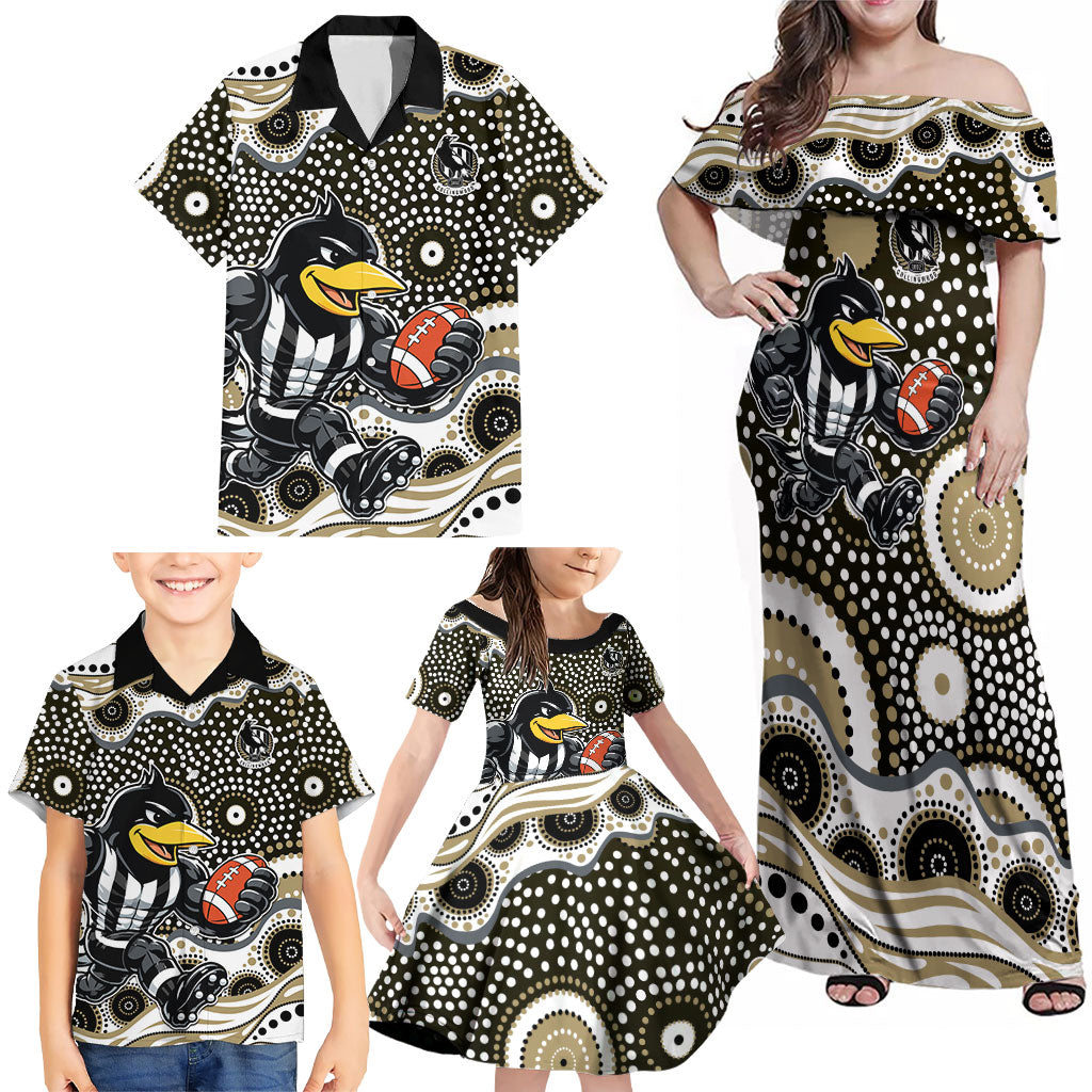 Collingwood Magpies Family Matching Off Shoulder Maxi Dress and Hawaiian Shirt Aboriginal Dot Pattern - Football Mascot Heritage Pride