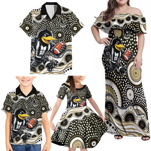 Collingwood Magpies Family Matching Off Shoulder Maxi Dress and Hawaiian Shirt Aboriginal Dot Pattern - Football Mascot Heritage Pride