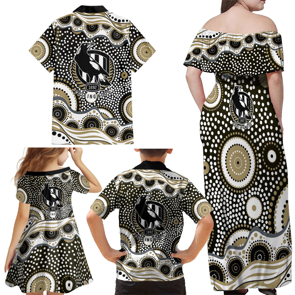 Collingwood Magpies Family Matching Off Shoulder Maxi Dress and Hawaiian Shirt Aboriginal Dot Pattern - Football Mascot Heritage Pride