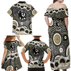 Collingwood Magpies Family Matching Off Shoulder Maxi Dress and Hawaiian Shirt Aboriginal Dot Pattern - Football Mascot Heritage Pride