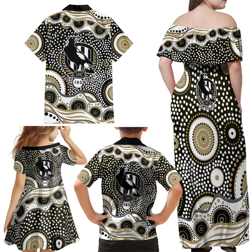 Collingwood Magpies Family Matching Off Shoulder Maxi Dress and Hawaiian Shirt Aboriginal Dot Pattern - Football Mascot Heritage Pride