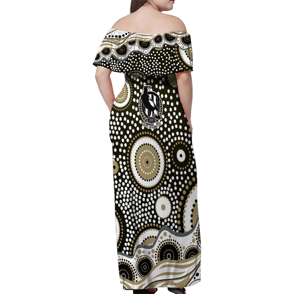 Collingwood Magpies Family Matching Off Shoulder Maxi Dress and Hawaiian Shirt Aboriginal Dot Pattern - Football Mascot Heritage Pride