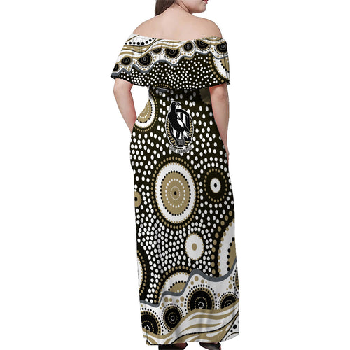 Collingwood Magpies Family Matching Off Shoulder Maxi Dress and Hawaiian Shirt Aboriginal Dot Pattern - Football Mascot Heritage Pride
