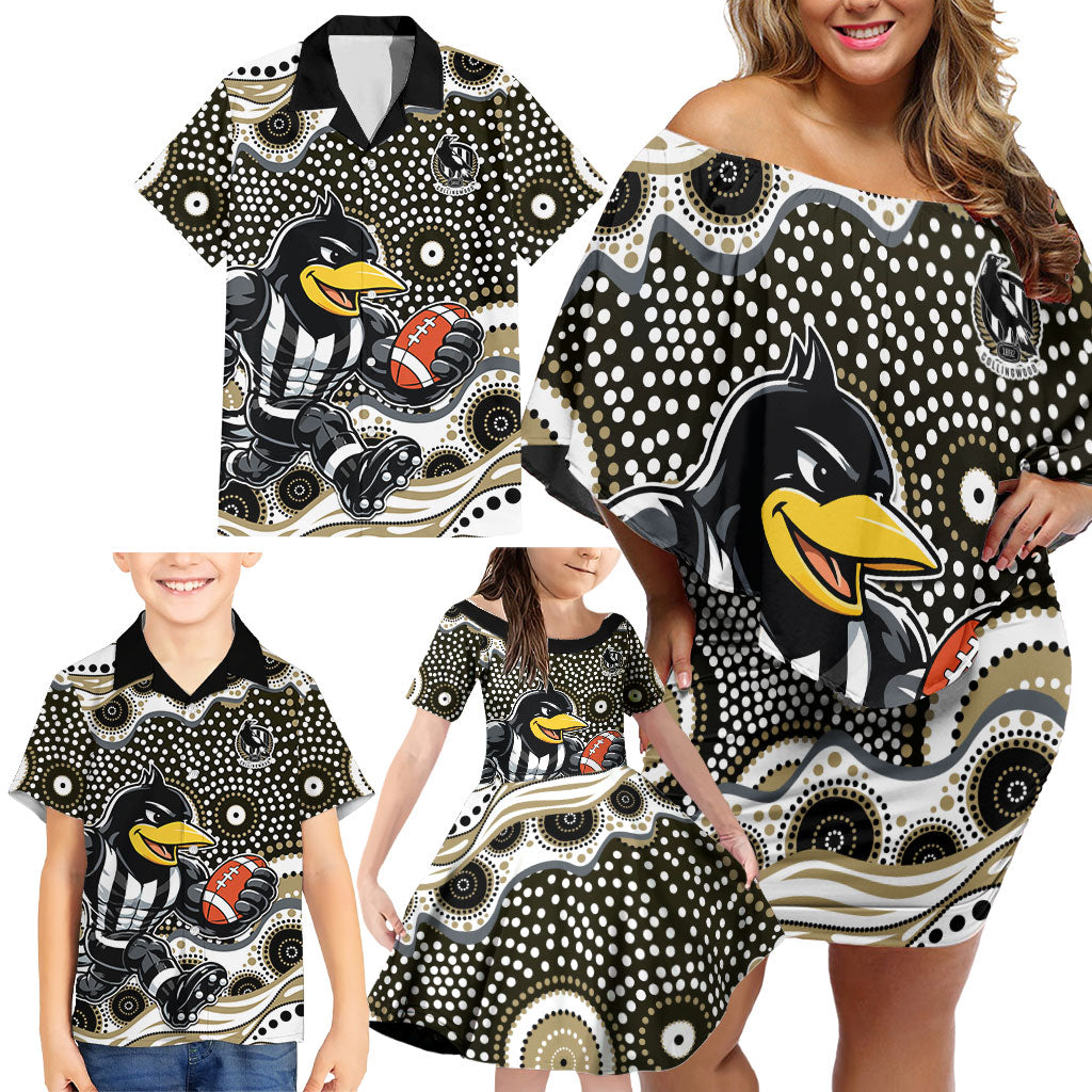 Collingwood Magpies Family Matching Off Shoulder Short Dress and Hawaiian Shirt Aboriginal Dot Pattern - Football Mascot Heritage Pride