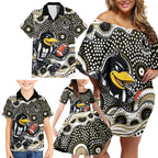 Collingwood Magpies Family Matching Off Shoulder Short Dress and Hawaiian Shirt Aboriginal Dot Pattern - Football Mascot Heritage Pride