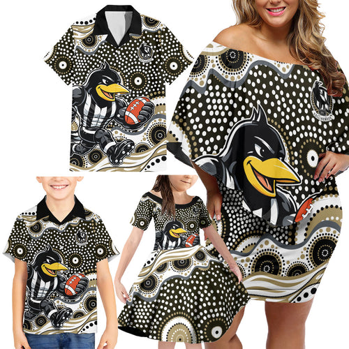 Collingwood Magpies Family Matching Off Shoulder Short Dress and Hawaiian Shirt Aboriginal Dot Pattern - Football Mascot Heritage Pride