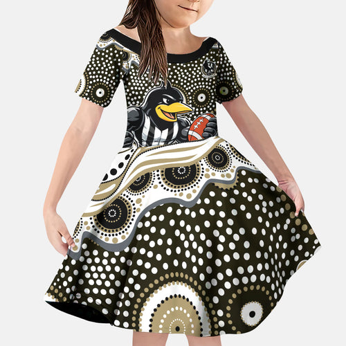 Collingwood Magpies Family Matching Off Shoulder Short Dress and Hawaiian Shirt Aboriginal Dot Pattern - Football Mascot Heritage Pride