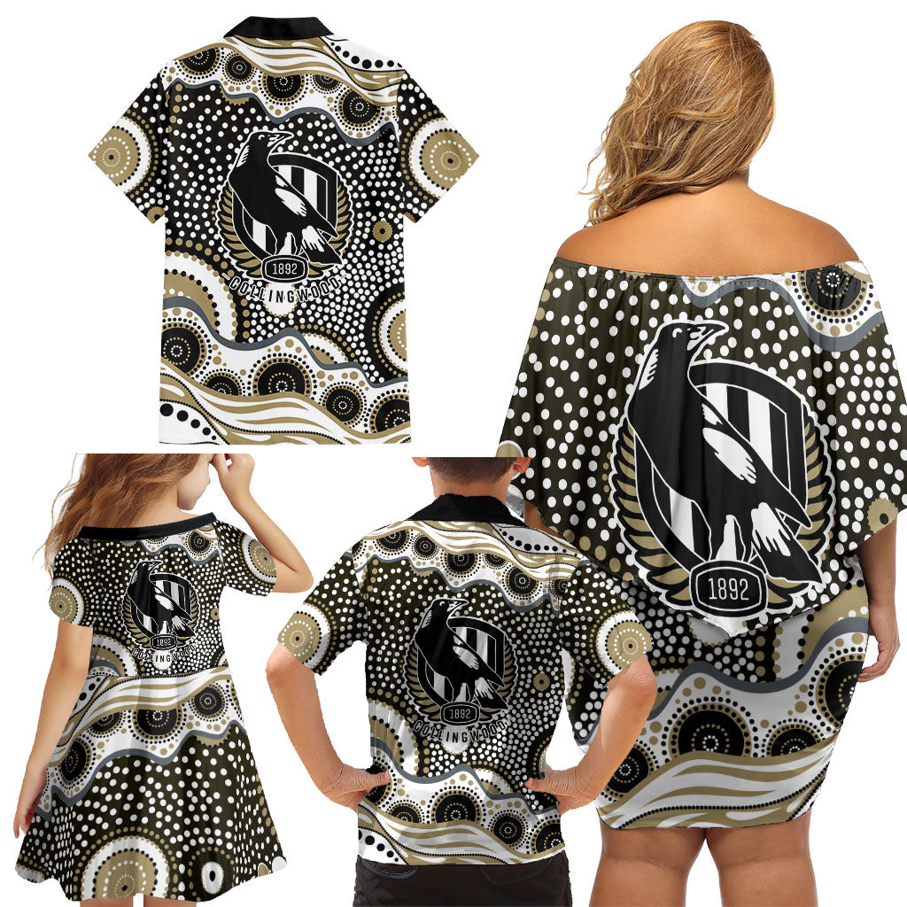 Collingwood Magpies Family Matching Off Shoulder Short Dress and Hawaiian Shirt Aboriginal Dot Pattern - Football Mascot Heritage Pride